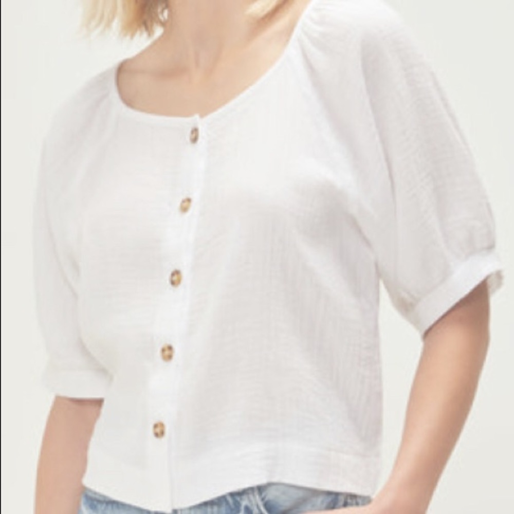 Three Dots Women's Cotton Gauze Puff Sleeve 5 Button Top SMALL/ MEDIUM